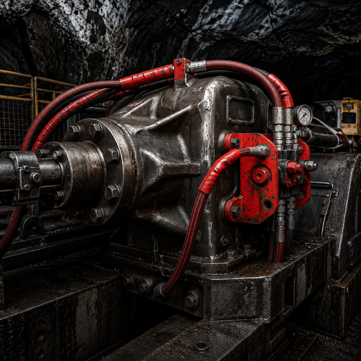Heavy underground gear and cage suspension equipment close-up